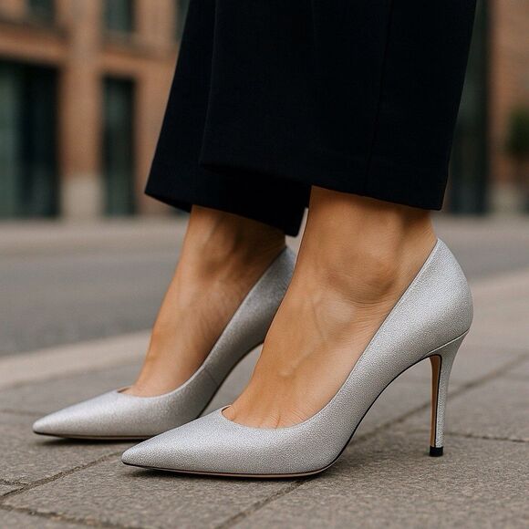 Renvy Womens Simone Silver Stiletto Heel Pointed Toe Pumps Size 8M Formal Weddin - Picture 1 of 12